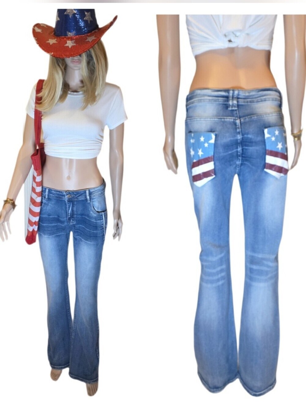 American Flag Pocket Festival 4th Of July Bootcut Flare Jeans GUC Medium